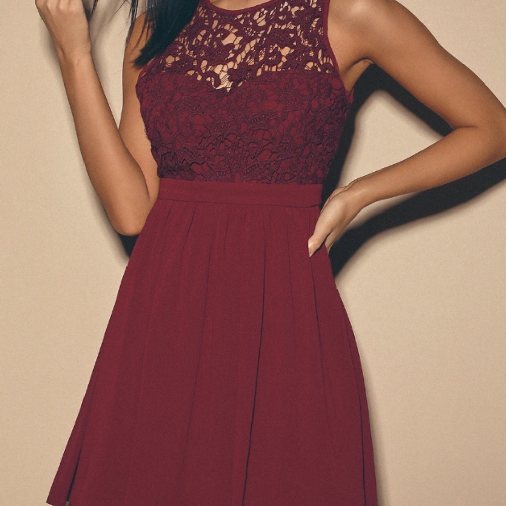 Lulu's Romantic Tale Burgundy Lace Skater Dress